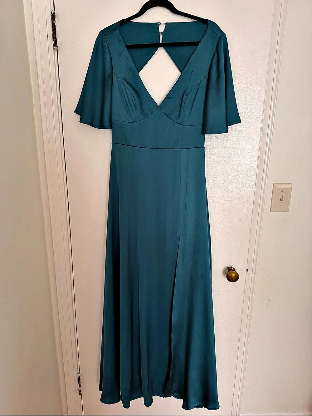 Lulus Elegant Confidence Teal Satin Flutter Sleeve Cutout Maxi Dress Teal Maxi